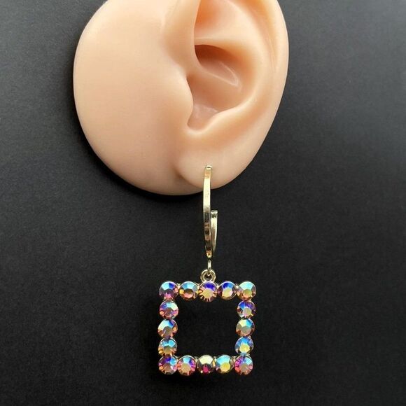 Yellow Gold with Iridescent AB Crystal Dangling Square and Hoop Post Earrings - Picture 9 of 10